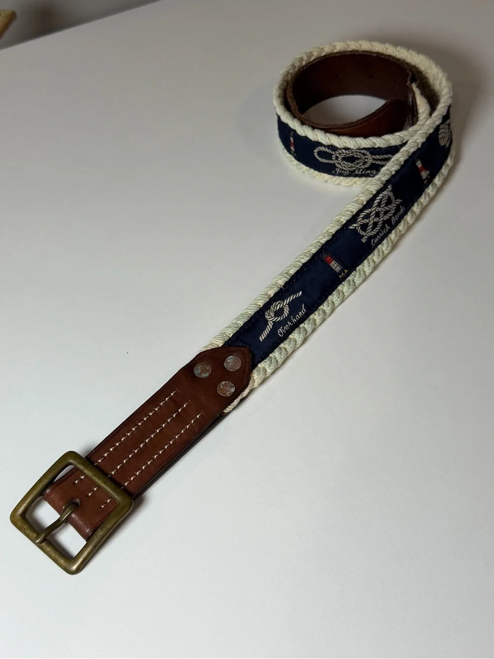Polo Ralph Lauren 32W RARE Nautical Rope-Trim Leather Belt Preppy Canvas Trad